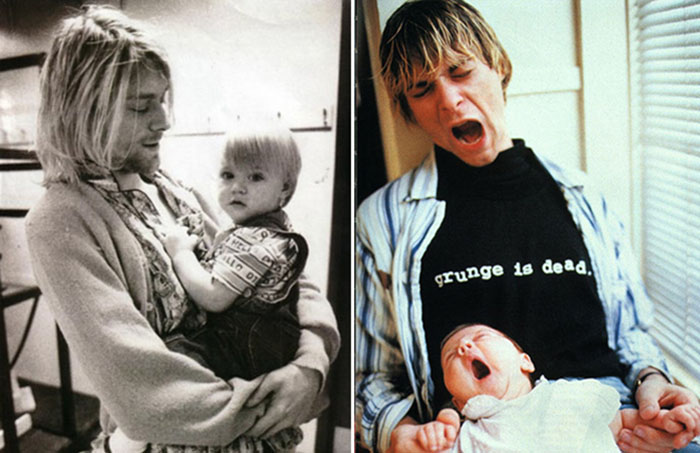 Курт Кобейн с новорождённой дочерью Френсис Бин Кобейн.