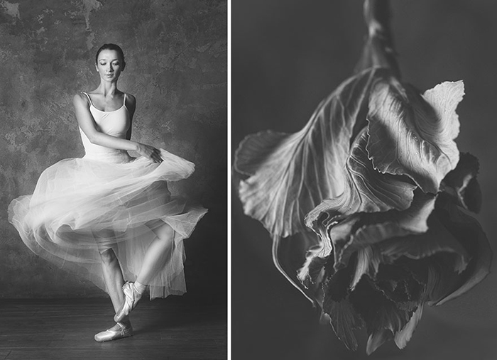 Воздушное платье балерины имитирует изящные лепестки цветка.