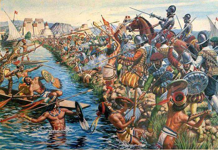 Битва ацтеков с испанскими конкистадорами.