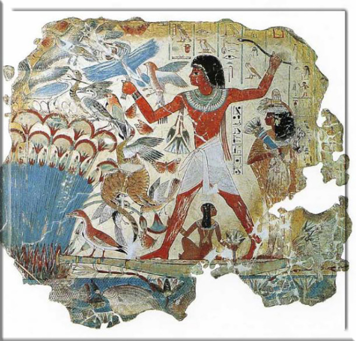 Фреска на гробнице, изображающая рыбалку и охоту Небамуна. Букет лотосов он держит в руках, а ещё один цветок держит его супруга.