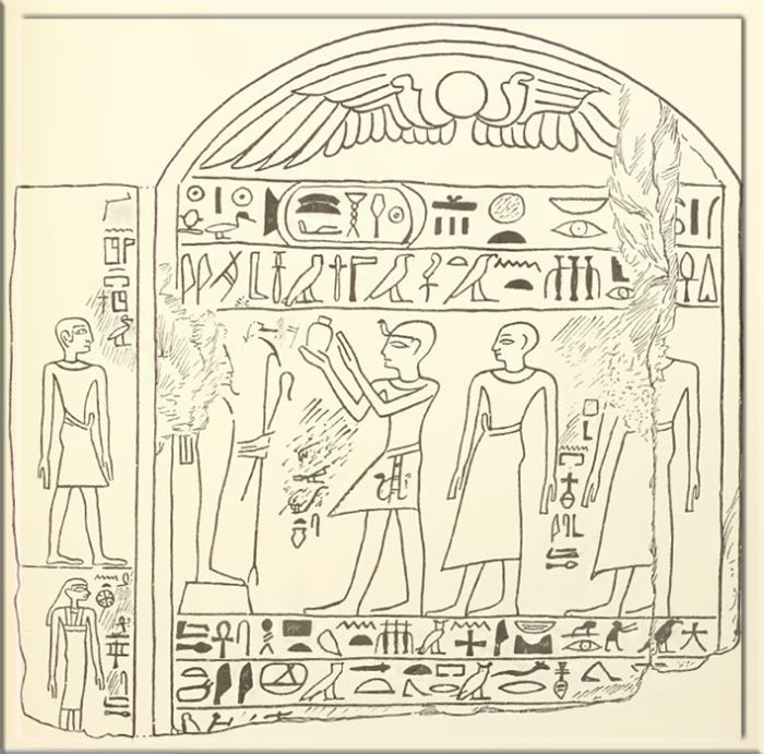 Рисунок египетской стелы из Британского музея, на котором фараон Рахотеп делает подношение Осирису.