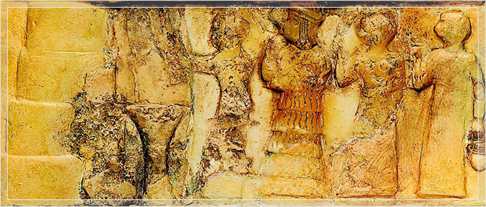 На этом древнем месопотамском диске Энхедуанна (вторая слева) изображена в том, что, вероятно, является религиозной процессией.