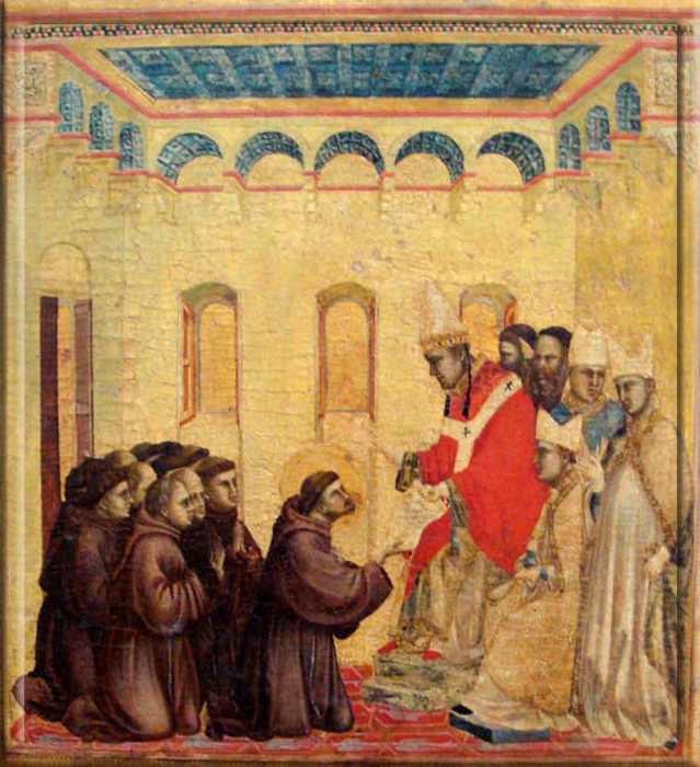 Папа Иннокентий III со святым Франциском Ассизским утверждает устав Ордена францисканцев. Джотто, около 1300 года.
