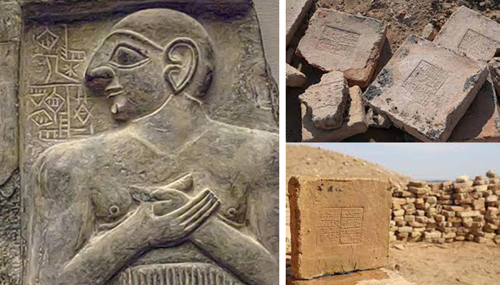 Сырцовые кирпичи из глины с клинописными надписями, найденные во время раскопок в древнем шумерском городе Гирсу, ныне известном как Телло, в Ираке.