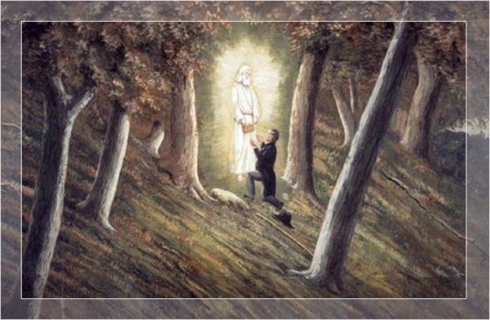 Картина Кристенсена «Холм Кумора», изображающая Джозефа Смита, получающего золотые листы от Ангела Морония на холме Кумора.
