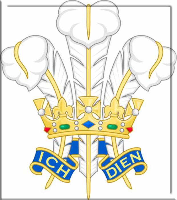 Три пера, котоорые известны как перья принца Уэльского, являются его геральдическим знаком. Он состоит из трёх белых страусиных перьев, обведённых золотой короной с лентой внизу и фразой на немецком «Ich dien» или «Я служу».