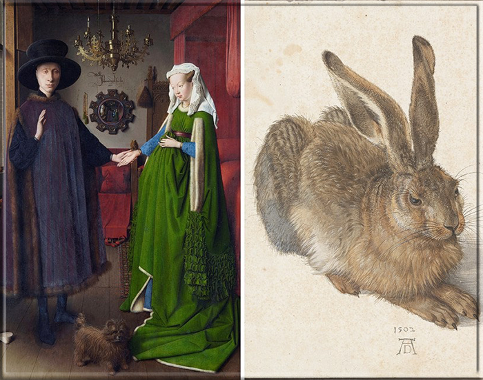 Слева: «Портрет Арнольфини» (1434 г.) работы Яна ван Эйка. Справа: «Молодой заяц» (1502 г.) работы Альбрехта Дюрера.