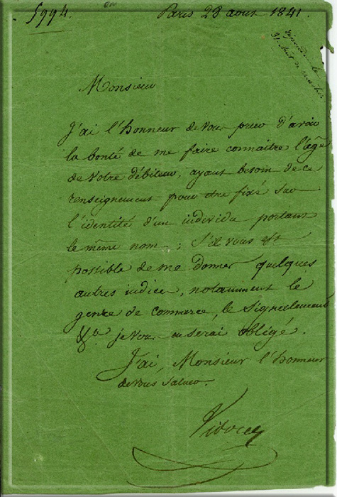 Письмо Видока сыну клиента от 28 августа 1841 г.