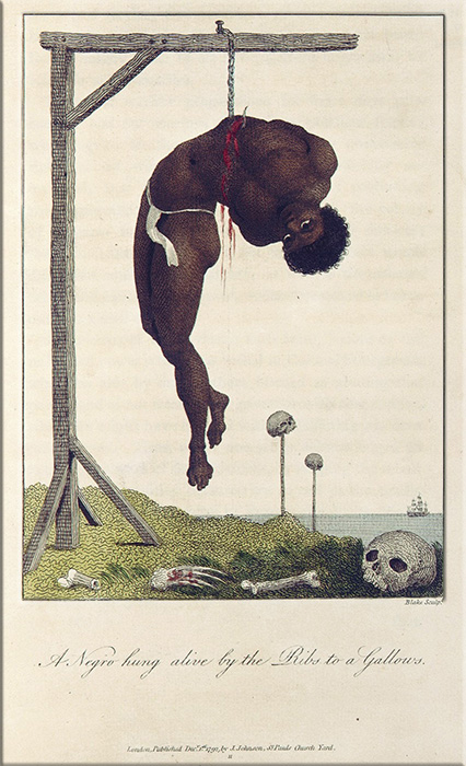 Иллюстрация Уильяма Блейка «Раб, заживо повешенный за рёбра на виселице», 1796 год.