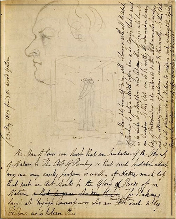 Страница 67 записной книжки Уильяма Блейка с изображением автопортрета в окружении рукописного текста, 1810 год.