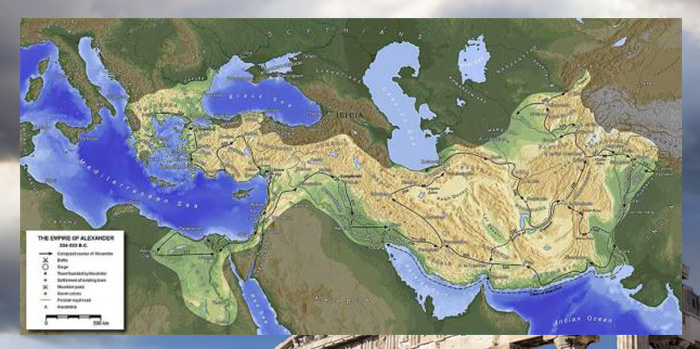Карта империи Александра и маршрут его завоеваний.