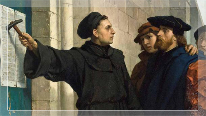 Мартин Лютер, опубликовавший свои 95 тезисов в 1517 году, считается отправной точкой протестантской Реформации. Картина Фердинанда Пауэлса, 1872 год. 