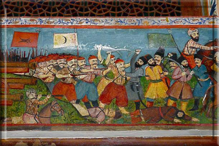 Во время османско-сефевидской войны 1578-1590 годов, изображённой здесь на картине Дворца Ширваншахов, османы были победителями, и одним из их призов был Баку. Эта победа была недолгой, и к 1607 году Баку снова оказался под контролем Ирана.