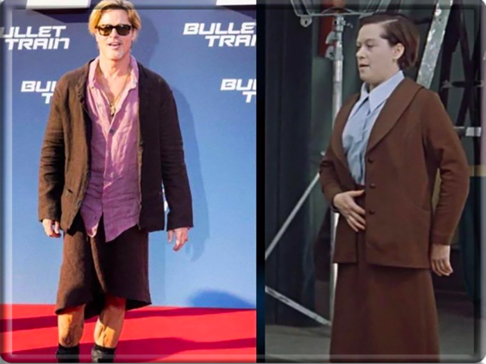 Пользователи тонко подметили явное сходство между нарядом Брэда Питта и костюмом Людмилы Прокофьевны из советского фильма «Служебный роман».