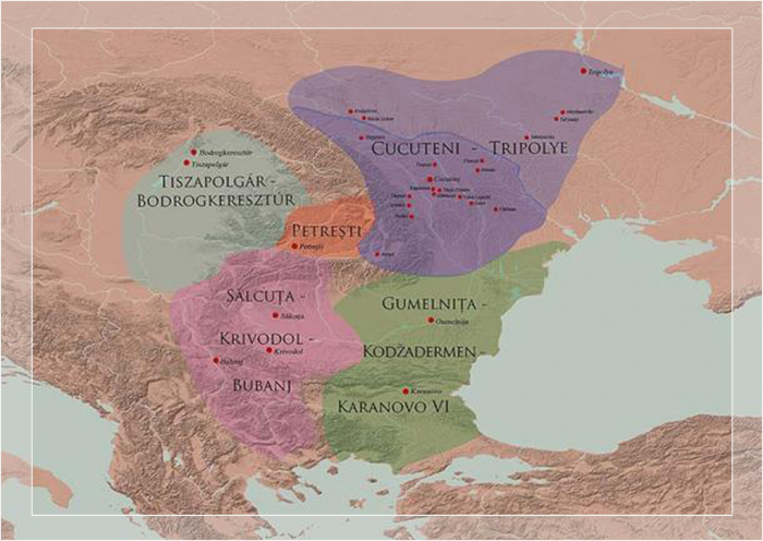 Карта с изображением неолитических культур Юго-Восточной Европы, включая основные археологические памятники. 