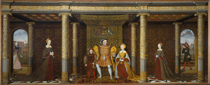 Портрет Генриха VIII и его семьи около 1545 года. Дочери короля Мария (слева) и Елизавета (справа) появляются за кулисами картины, а его сын Эдуард и третья жена Джейн Сеймур стоят по обе стороны от него. / Фото: Wikimedia Commons