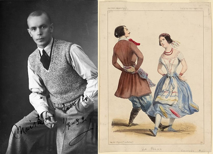 Вильо Вили Вестеринен в 1932 году. Танцоры польки в середине 19 века.