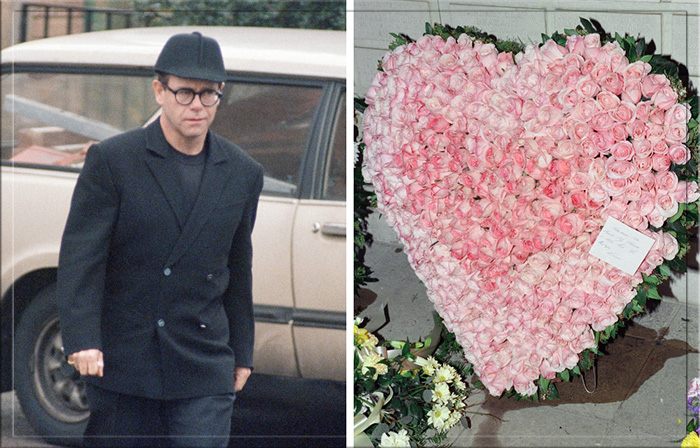 Элтон Джон и цветы, которые он принёс, на похоронах Фредди Меркьюри в крематории Западного Лондона, 27 ноября 1991 года.