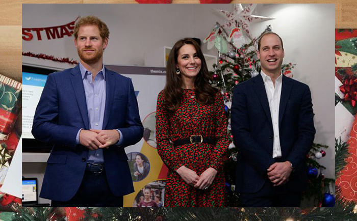 Принц Гарри, Кейт, герцогиня Кембриджская и принц Уильям, герцог Кембриджский во время посещения рождественской вечеринки для волонтёров в молодежной службе The Mix 19 декабря 2016 года в Лондоне, Англия.