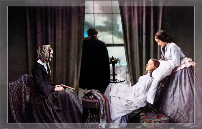 Гравюра Генри Пича Робинсона под названием «Угасание», изображающая семью, ухаживающую за молодой женщиной на смертном одре, 1858 год.