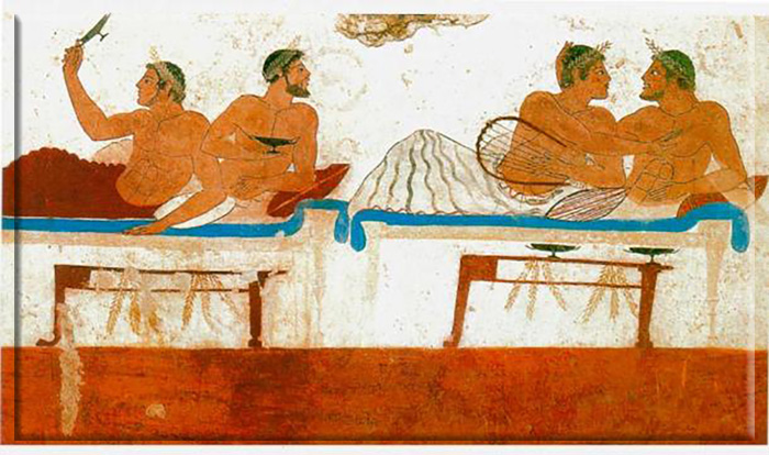 Мужские пары на симпозиуме, изображённые на фреске в гробнице ныряльщика из греческой колонии Пестум в Италии.
