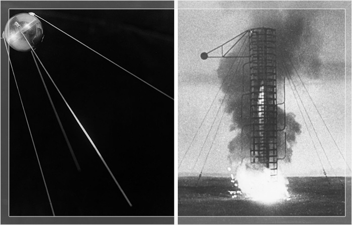 Слева: Спутник-1, первый искусственный спутник Земли. Справа: запуск Спутника-2, 1957 год.