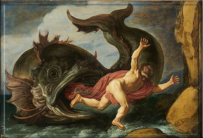 Иону проглотил кит. Картина маслом Питера Ластмана (1583–1633).