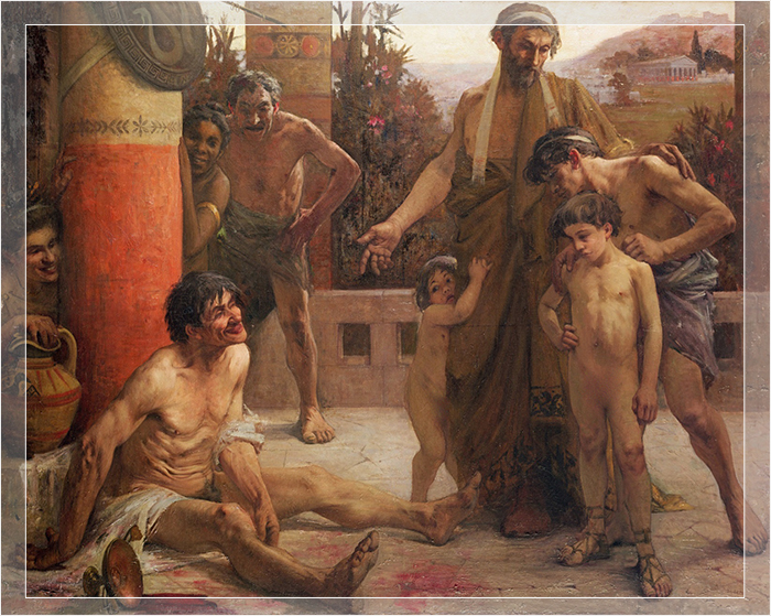 Спартанец показывает своим сыновьям пьяного илота (картина Фернана Сабатте).