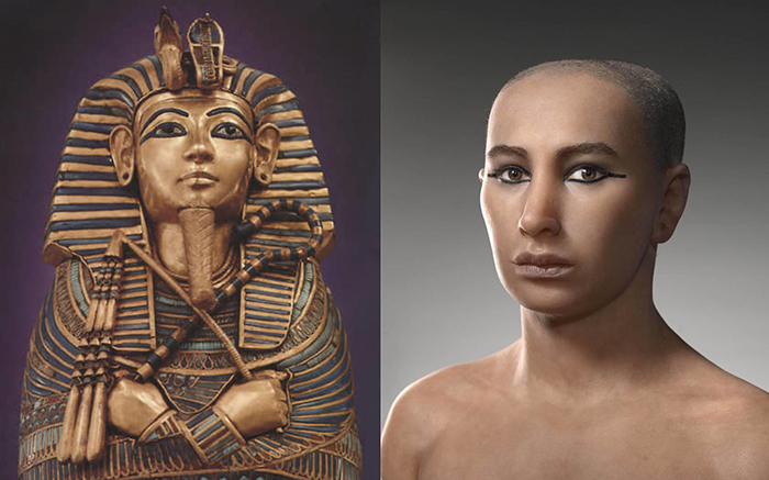 Саркофаг фараона Тутанхамона и современное цифровое изображение правителя.