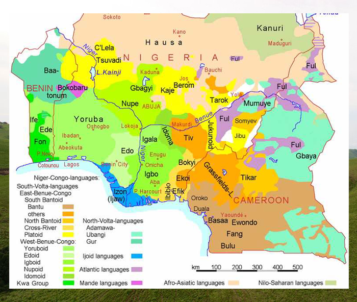 Лингвистическая и этническая карта Нигерии и соседних стран, Камеруна и Бенина.