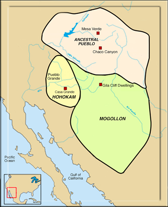 Карта Оазисамерики, показывающая расширение трёх основных культур.