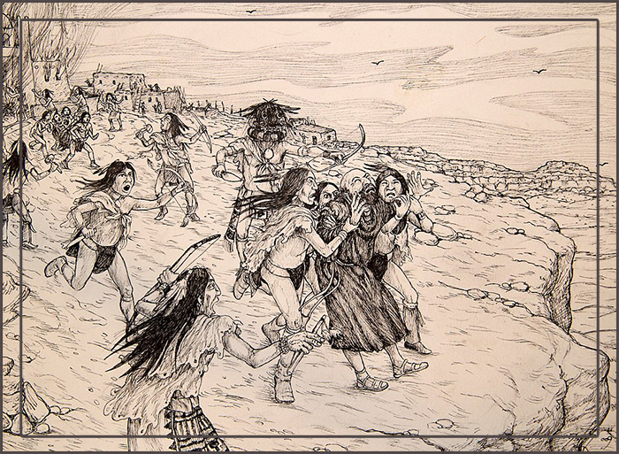 Индейцы пуэбло сбрасывают миссионера со скалы.