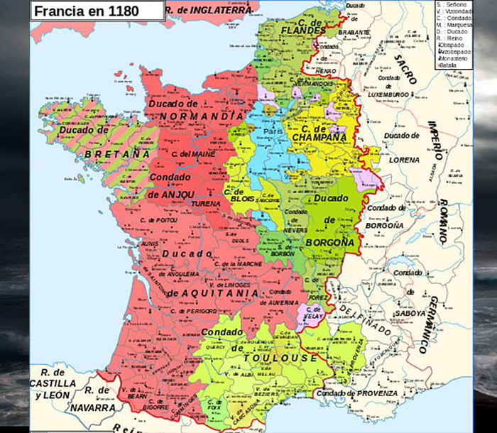 Карта Франции в 1180 году.