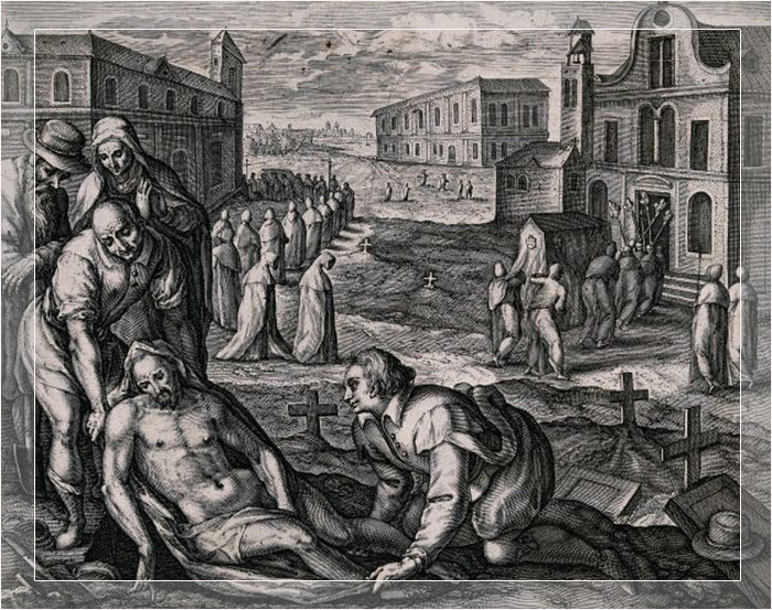 Покойный и пожиратель грехов, гравюра начала 1600-х годов.