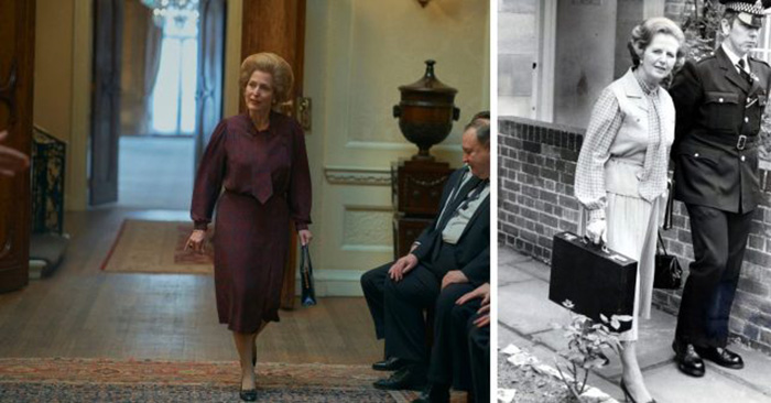 Джиллиан Андерсон в роли Маргарет Тэтчер и настоящая Маргарет Тэтчер в свой первый день в качестве премьер-министра Англии, 4 июня 1979 год. / Фото: Netflix / MovieStills DB и Брин Колтон / Getty Images