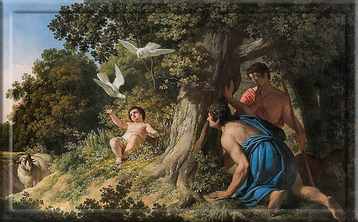 Семирамида, которую кормят голуби на картине словенского художника Франка Кавчича.