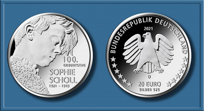 Moneda de plata conmemorativa del 100 aniversario del nacimiento de Sophie Scholl.