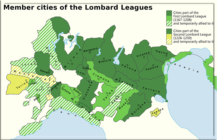 Города-члены Ломбардской лиги в разные периоды её существования.