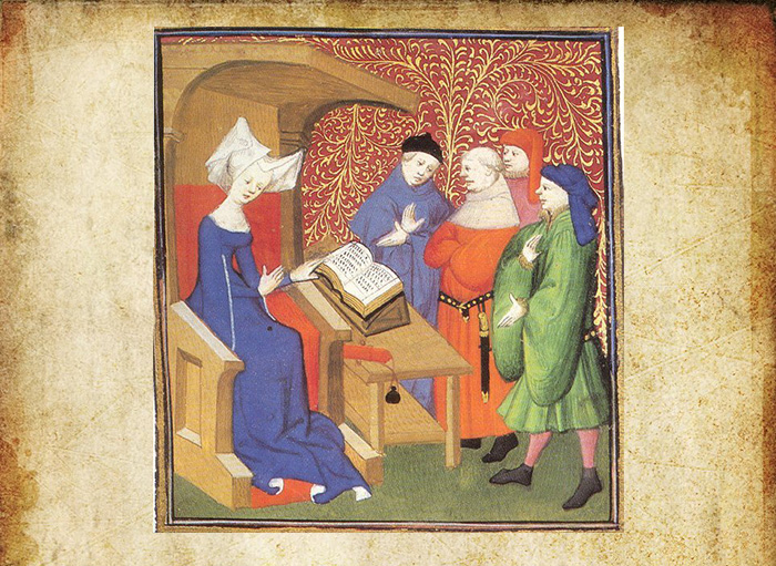 Итальянская поэтесса Кристина де Пизан (сидит слева) была одной из немногих женщин средневекового периода, решившихся писать нас подобные щекотливые темы.