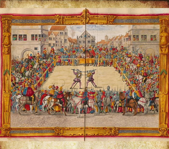 Изображение судебной битвы в Аугсбурге в 1409 году между маршалом Вильгельмом фон Дорнсбергом и Теодором Хашенакером.