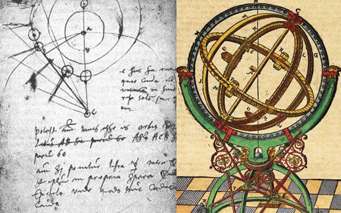 Тихо Браге нарисовал конструкцию своего экваториального армиллярного прибора с подвижным экватором, используемого для измерения прямых восхождений и склонений небесных объектов.