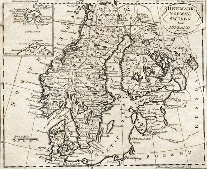 Карта Дании, Норвегии, Швеции и Финляндии. Недатированная гравюра. / Фото: Беттманн / Wikimedia Commons 