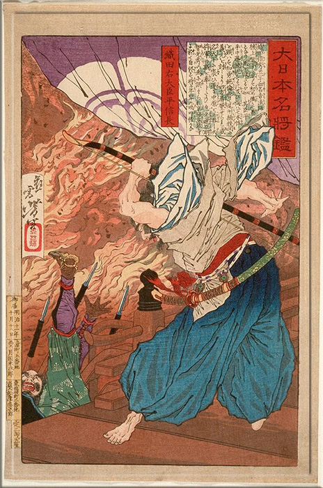 Изображение боя Нобунаги во время битвы в Хоннодзи. 