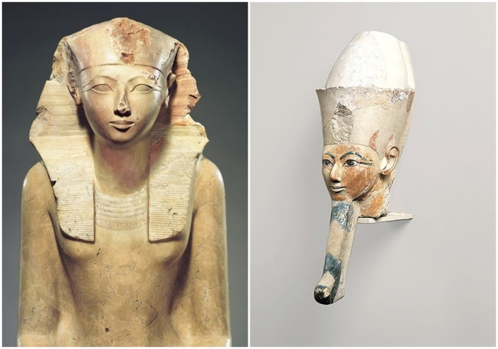 Слева направо: Известняковая сидячая статуя Хатшепсут в Метрополитен-музее, Нью-Йорк. \ Осирическая голова Хатшепсут в двойной короне из храма в Дейр-эль-Бахри, Метрополитен-музей, Нью-Йорк.