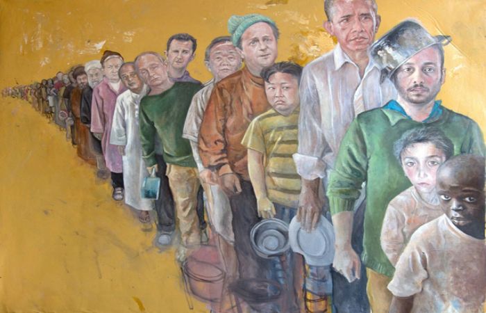 Мировые политики выстроились в очередь за едой, а среди них — сам художник с кастрюлей на голове. Автор: Abdalla Al Omari.