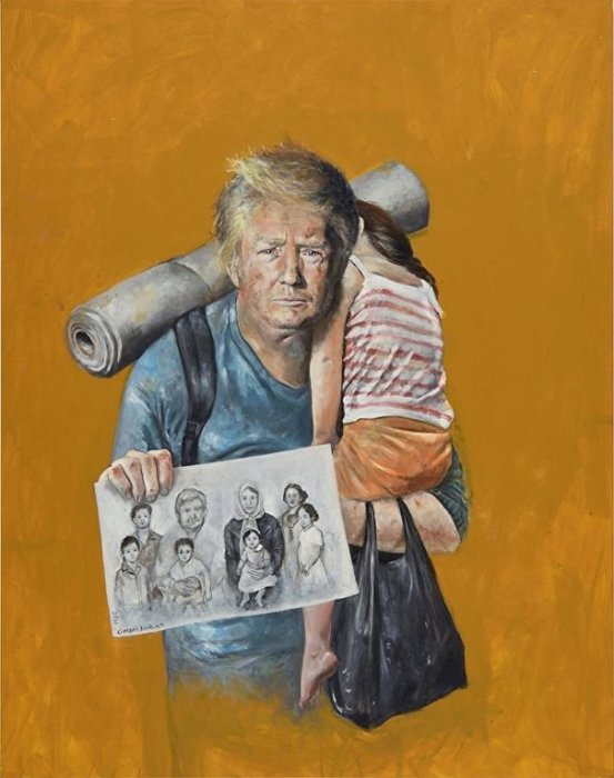 Президент США Дональд Трамп превратился в беженца, который разыскивает своих родных. Автор: Abdalla Al Omari.