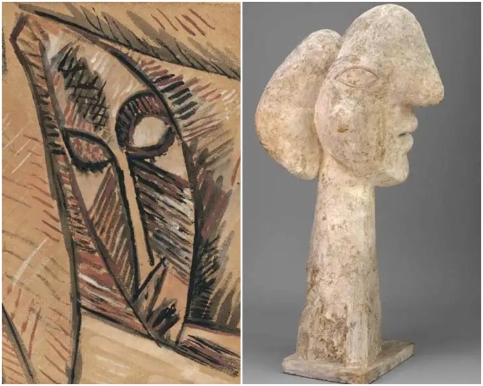 Слева направо: Этюд для головы обнажённой натуры, Пабло Пикассо, 1907 год. \ Бюст женщины, Пабло Пикассо, 1932 год.