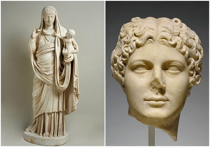 Слева направо: Статуя женщины, держащей ребенка (предположительно Мессалина, держащая Британника), ок.25-50 н.э. \ Мраморный портрет головы Агриппины Младшей, около 50 г.н.э.