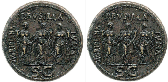 Слева направо: Медная монета с изображением трёх сестёр императора (Агриппина Младшая слева, реверс) и портрет Калигулы (аверс), 37-38 гг.н. э.