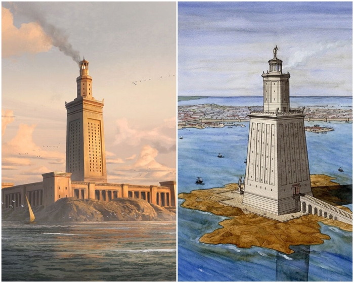 Слева направо: Александрийский маяк, цифровая репродукция. \ Маяк, автор Жан-Клод Голвин.